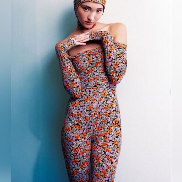 ZARA X PURPLE MAGAZINE Floral Off Shoulders One Piece Body Jumpsuit Size M - Picture 1 of 11